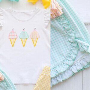 Shrimp N Grits Kids Ice Cream Top and Gingham Shorts Set